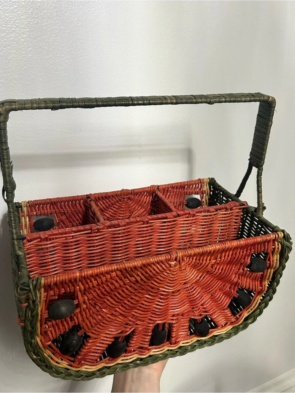 Vintage Wicker Watermelon Caddy Utensils Basket